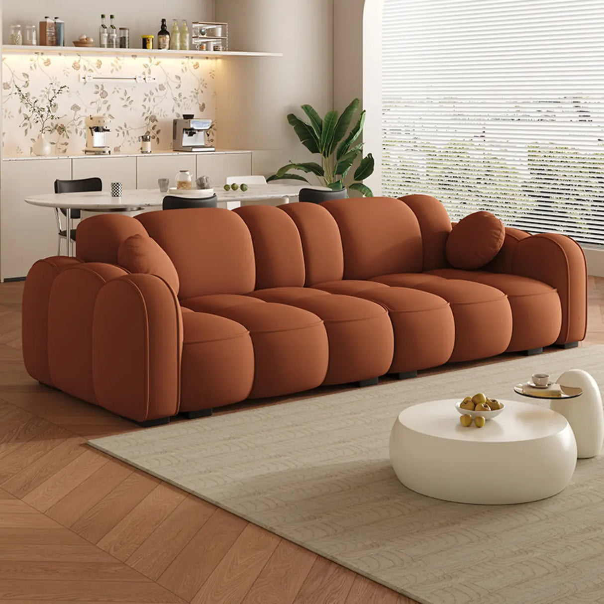 Off-White Cow Leather Sewn Pillow Back Foam Fill Sofa Image - 11