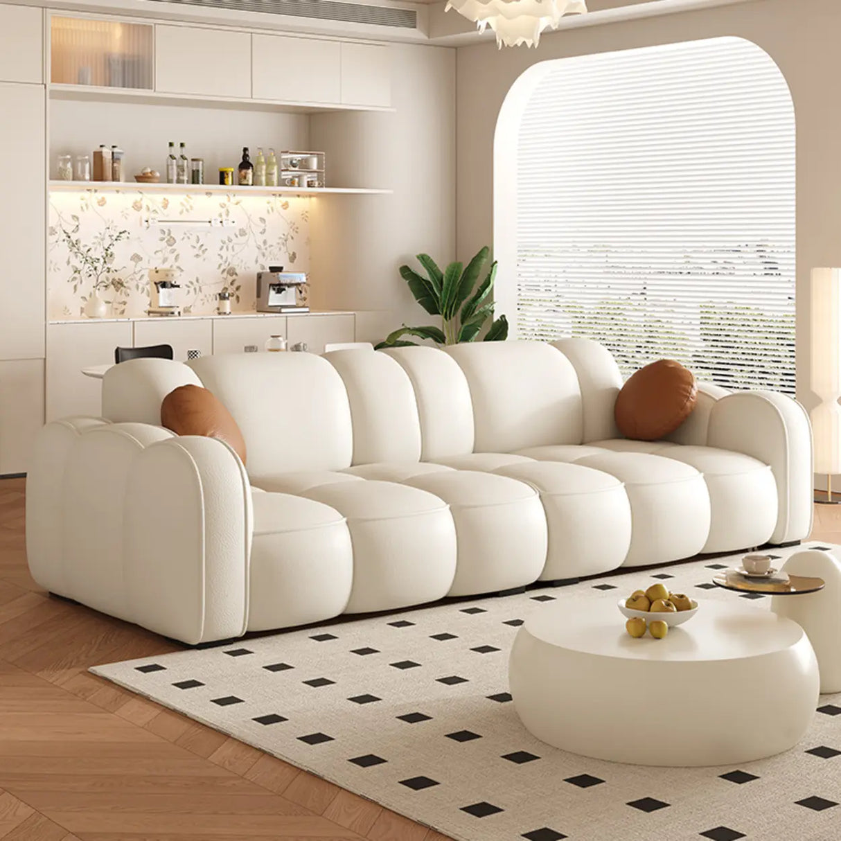 Off-White Cow Leather Sewn Pillow Back Foam Fill Sofa Image - 17