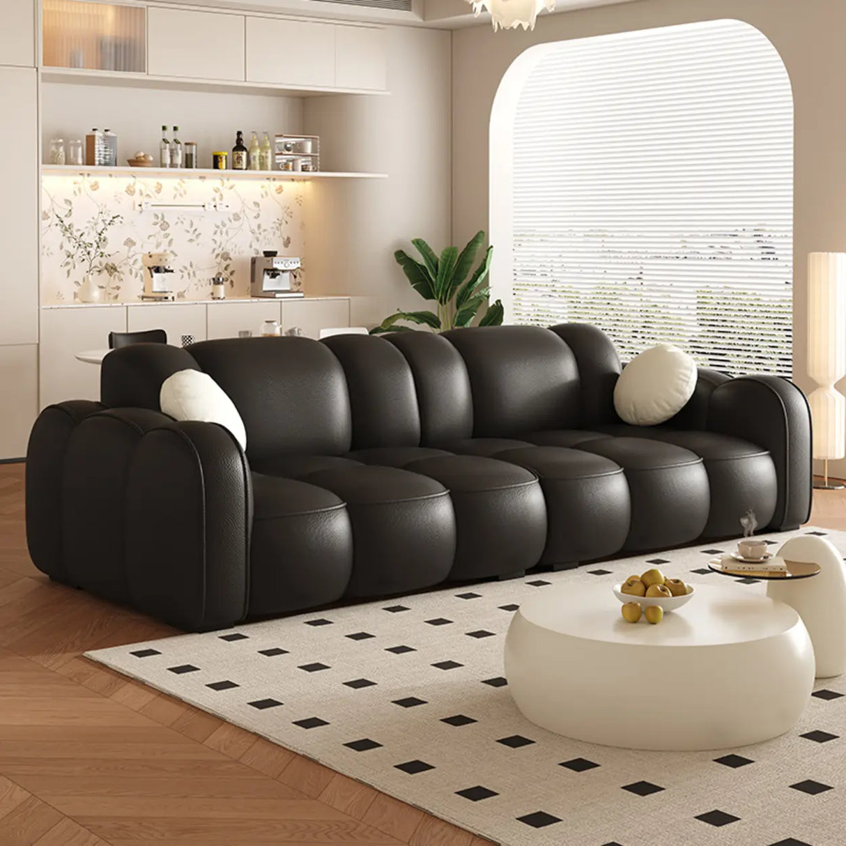 Off-White Cow Leather Sewn Pillow Back Foam Fill Sofa Image - 18