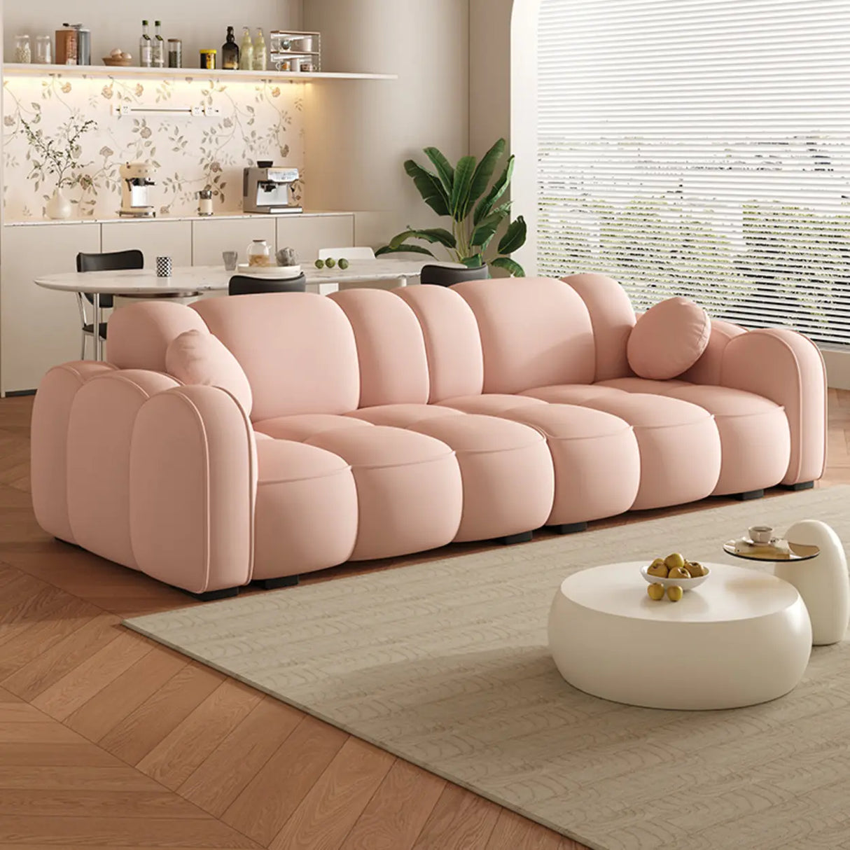 Off-White Cow Leather Sewn Pillow Back Foam Fill Sofa Image - 3