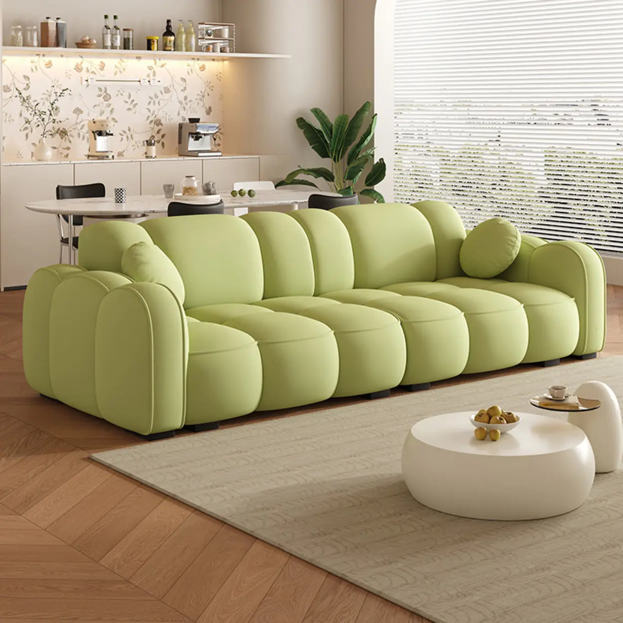 Off-White Cow Leather Sewn Pillow Back Foam Fill Sofa Image - 5