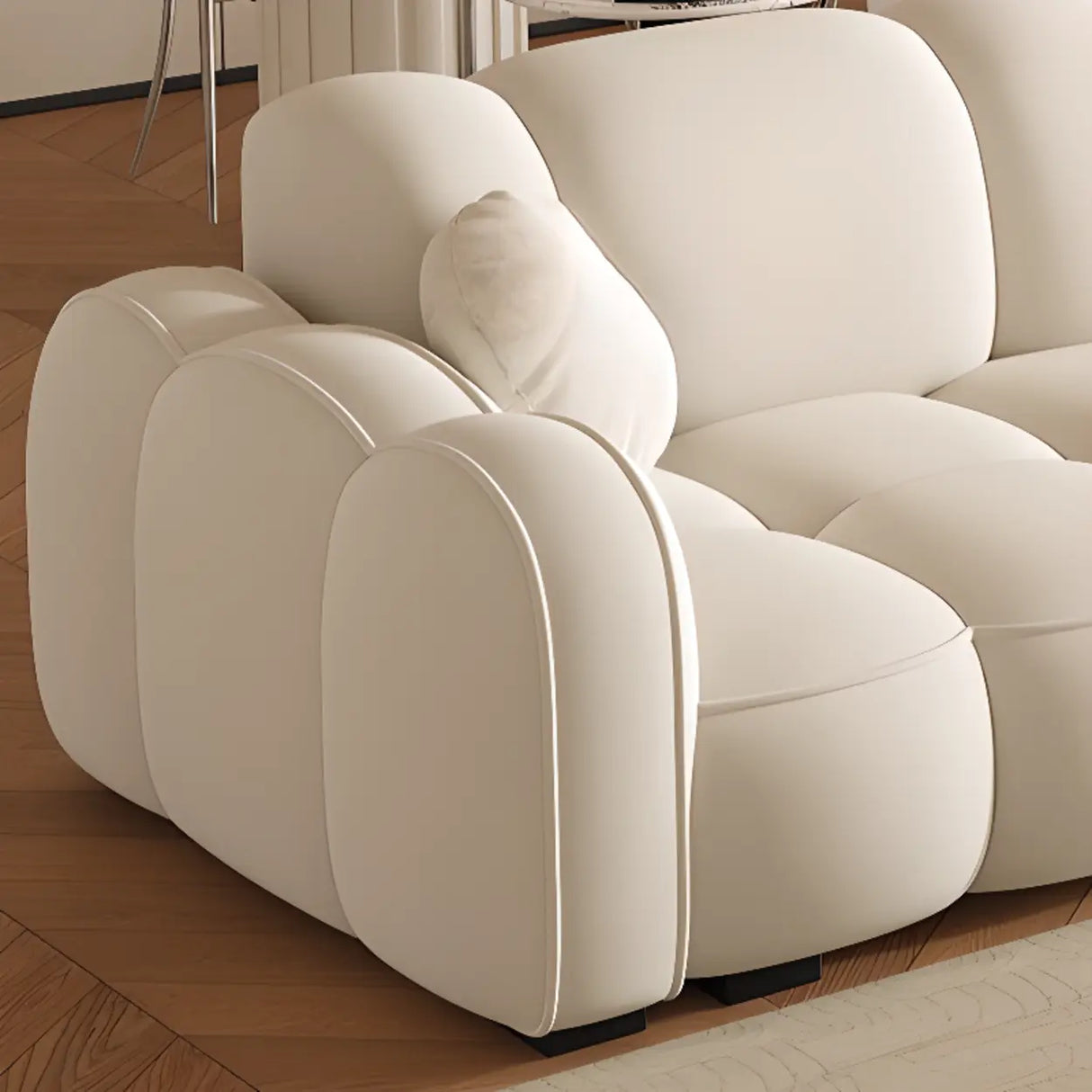 Off-White Cow Leather Sewn Pillow Back Foam Fill Sofa Image - 6