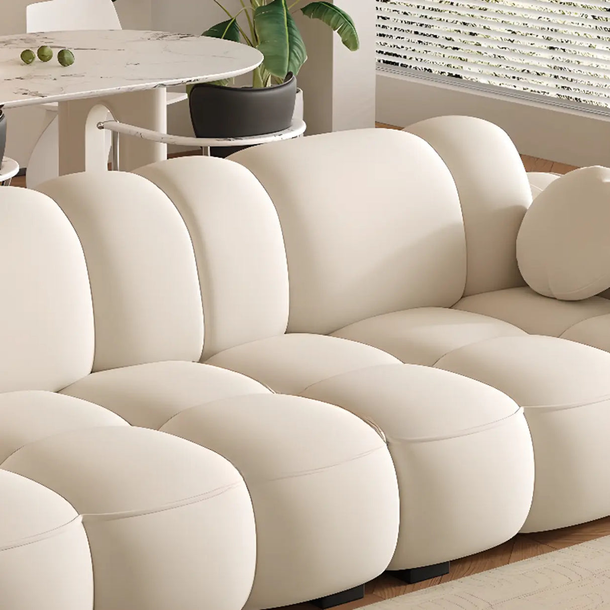 Off-White Cow Leather Sewn Pillow Back Foam Fill Sofa Image - 7