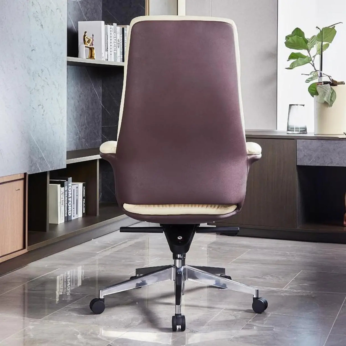 Off-White Ergonomic Modern Swivel Leather Office Chair Image - 11