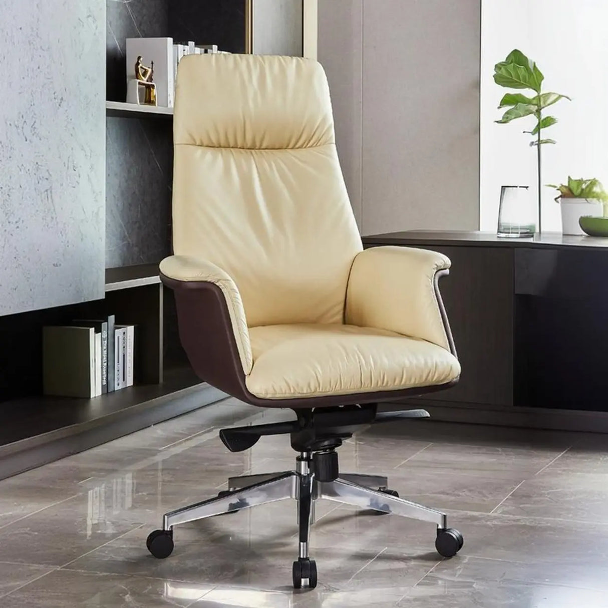 Off-White Ergonomic Modern Swivel Leather Office Chair Image - 3