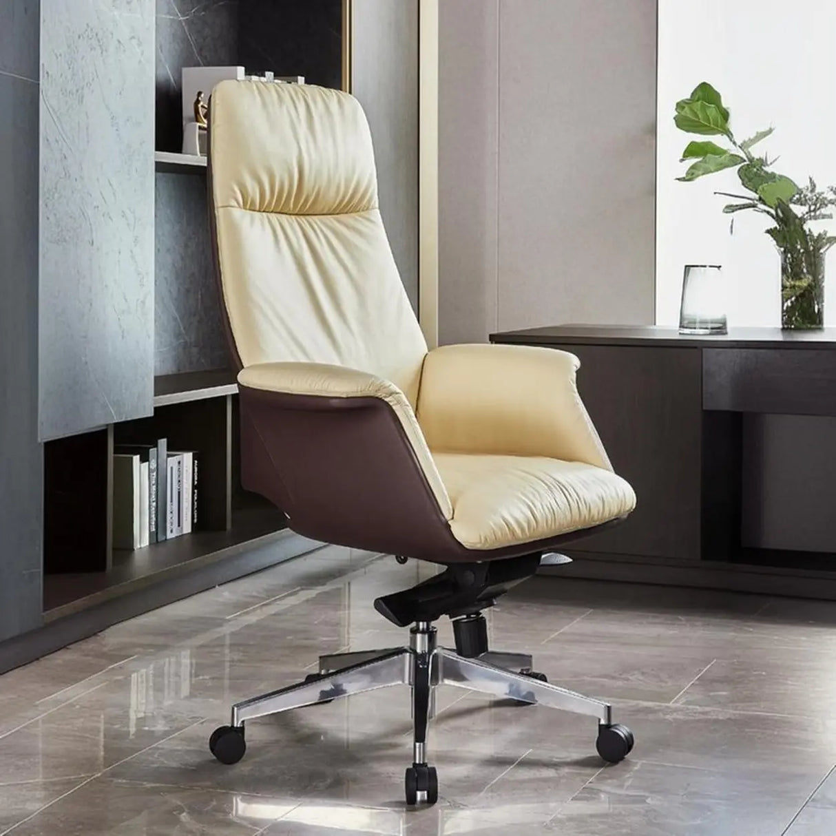 Off-White Ergonomic Modern Swivel Leather Office Chair Image - 4
