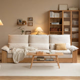 Off-White Faux Cotton Linen Wood Frame Extra Long Sofa Image - 12