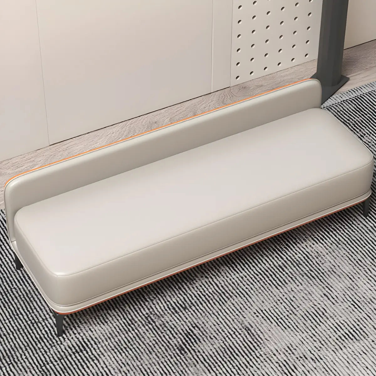 Off-White Faux Leather Cushioned Bedroom Bench with Leg Image - 12