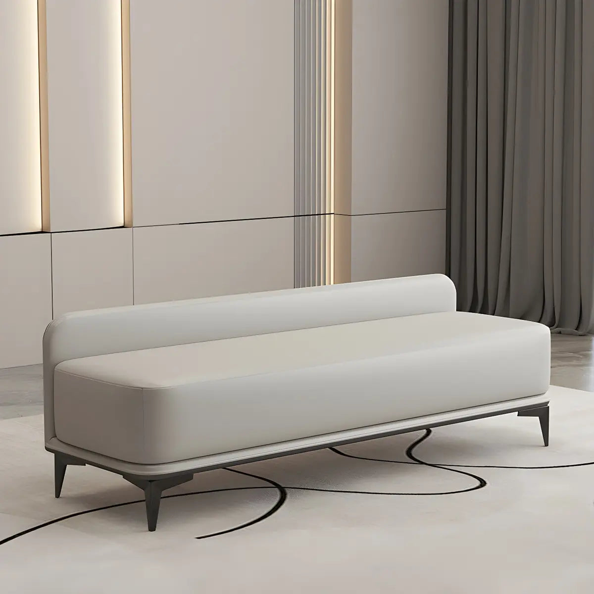 Off-White Faux Leather Cushioned Bedroom Bench with Leg Image - 4