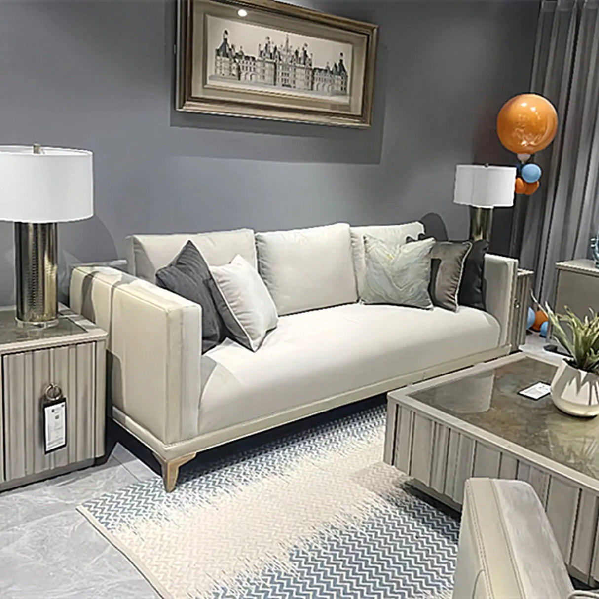 Off-White Flannel Square Arm Ash Wood Frame Sofa Image - 1