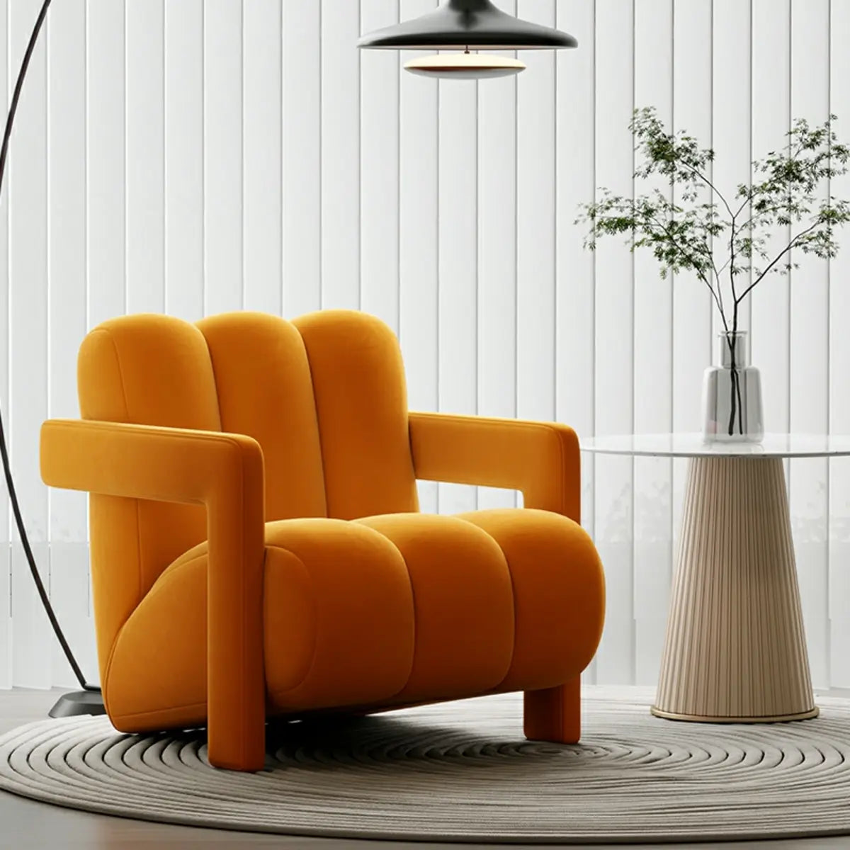 Off-White Frosted Velvet Mid-Back Fixed Back Arm Chair Image - 11