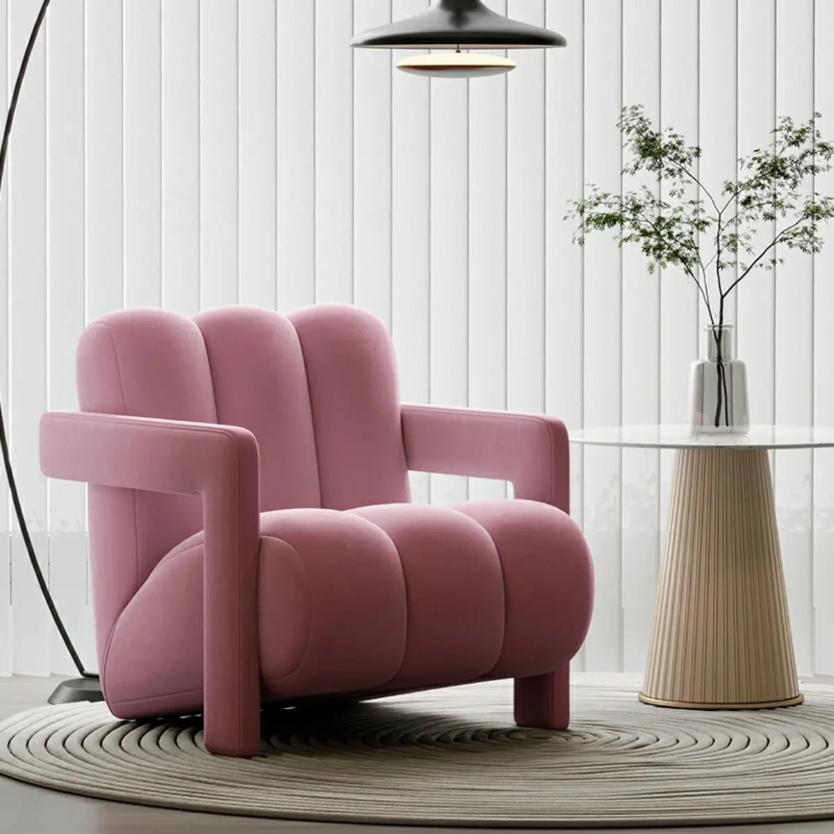 Off-White Frosted Velvet Mid-Back Fixed Back Arm Chair Image - 5