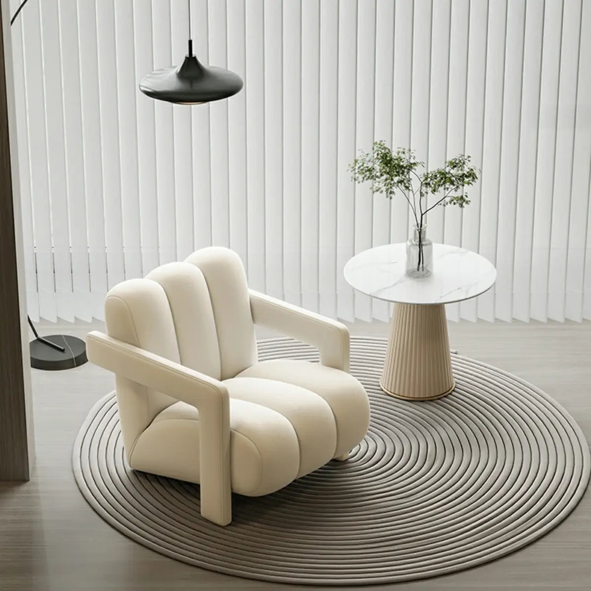 Off-White Frosted Velvet Mid-Back Fixed Back Arm Chair Image - 9
