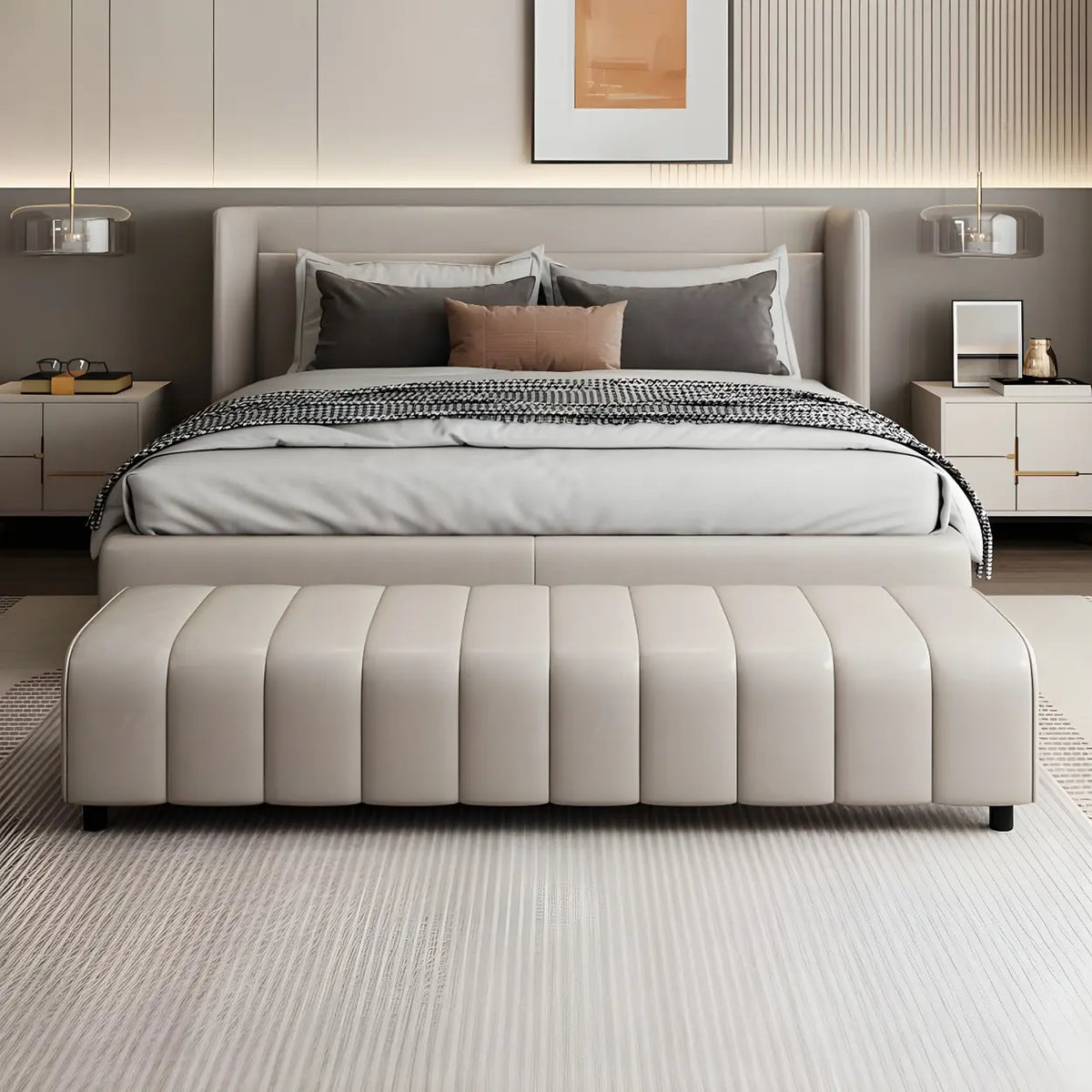 Off-White Genuine Leather Upholstered Bedroom Bench – Homebaa