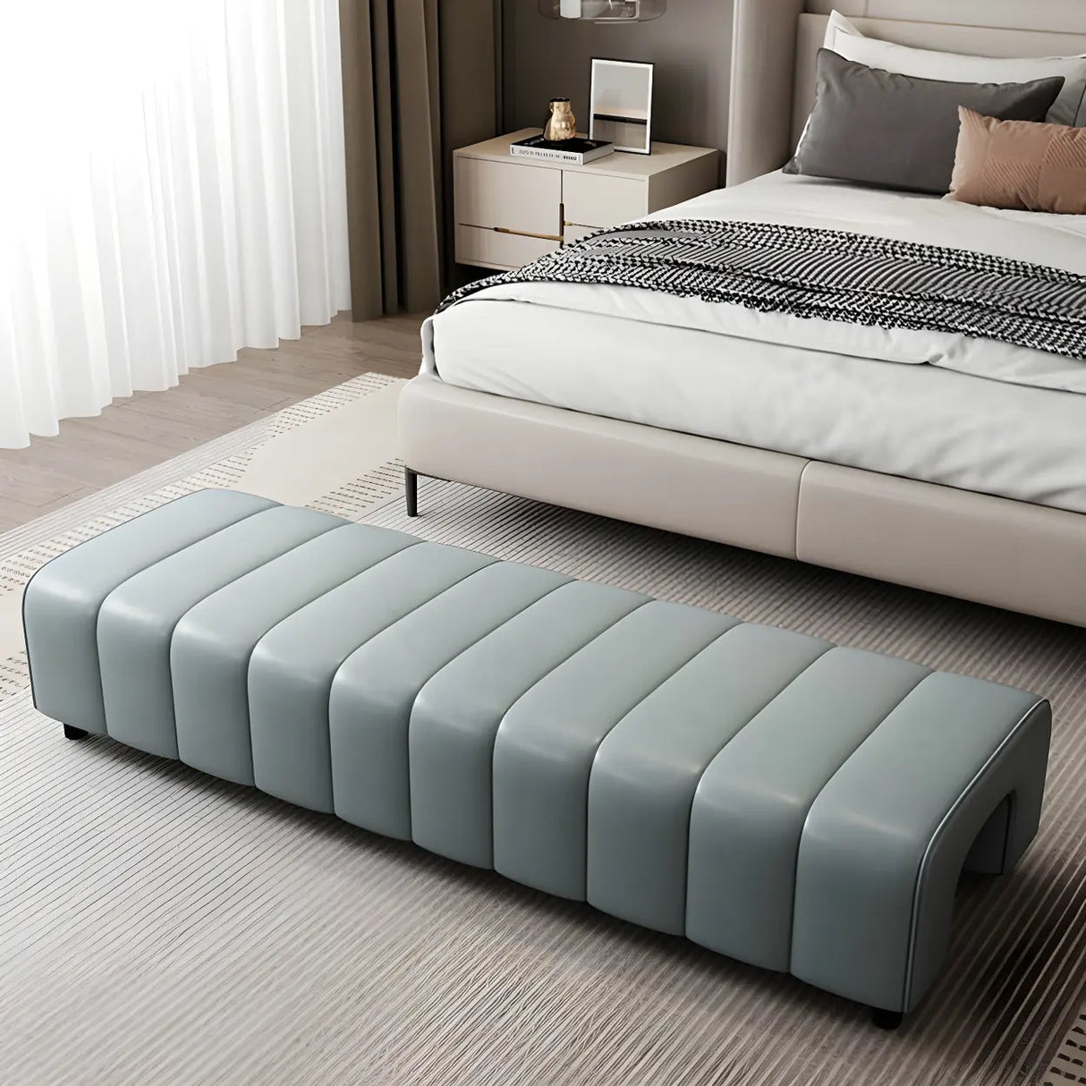 Off-White Genuine Leather Upholstered Bedroom Bench Image - 8