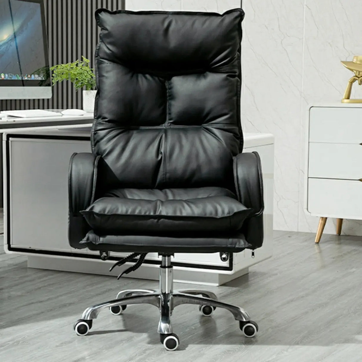 Off-White Large Adjustable Reclining Leather Office Chair Image - 11
