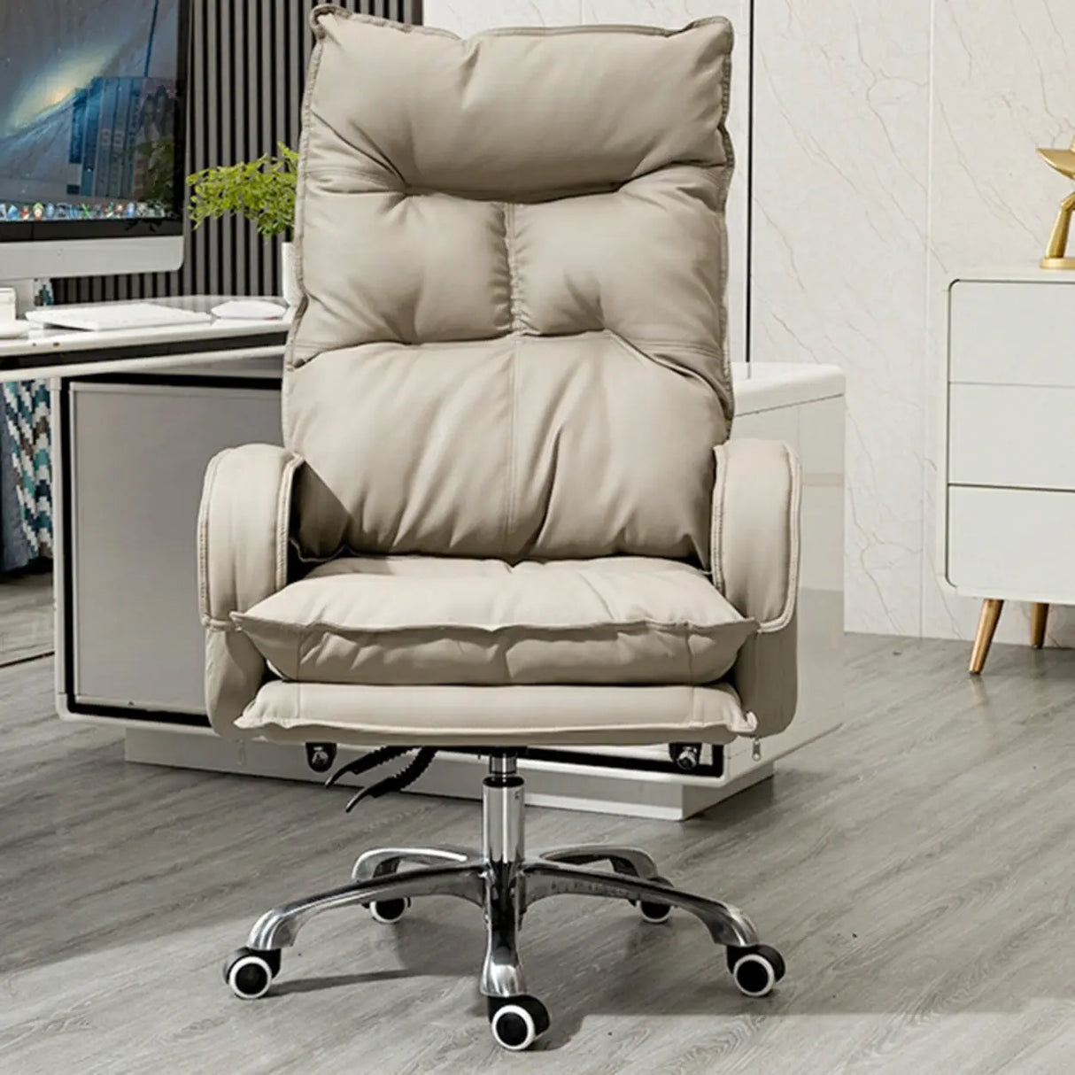 Off-White Large Adjustable Reclining Leather Office Chair Image - 13