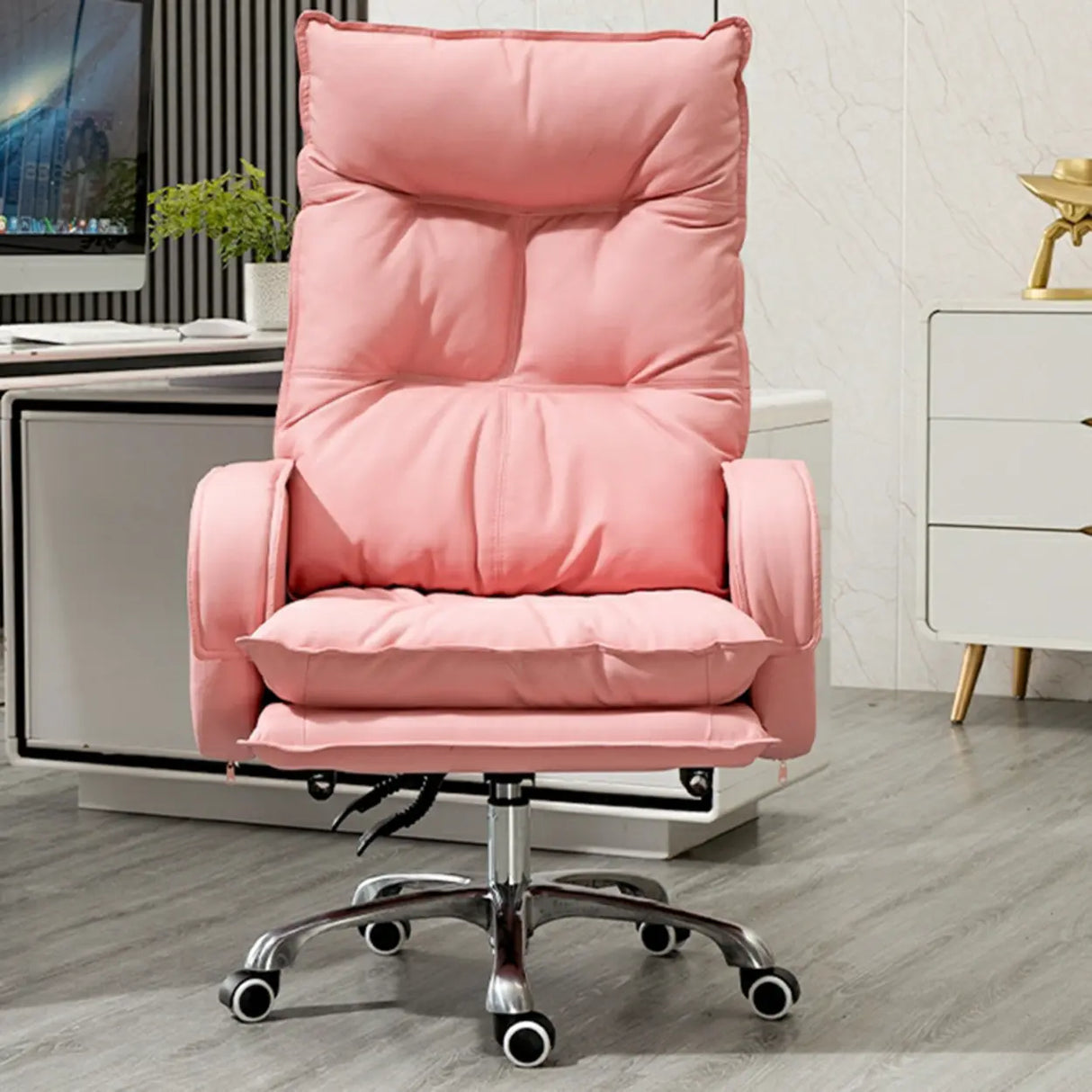 Off-White Large Adjustable Reclining Leather Office Chair Image - 15