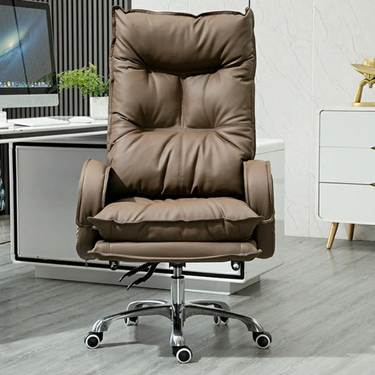 Off-White Large Adjustable Reclining Leather Office Chair Image - 17