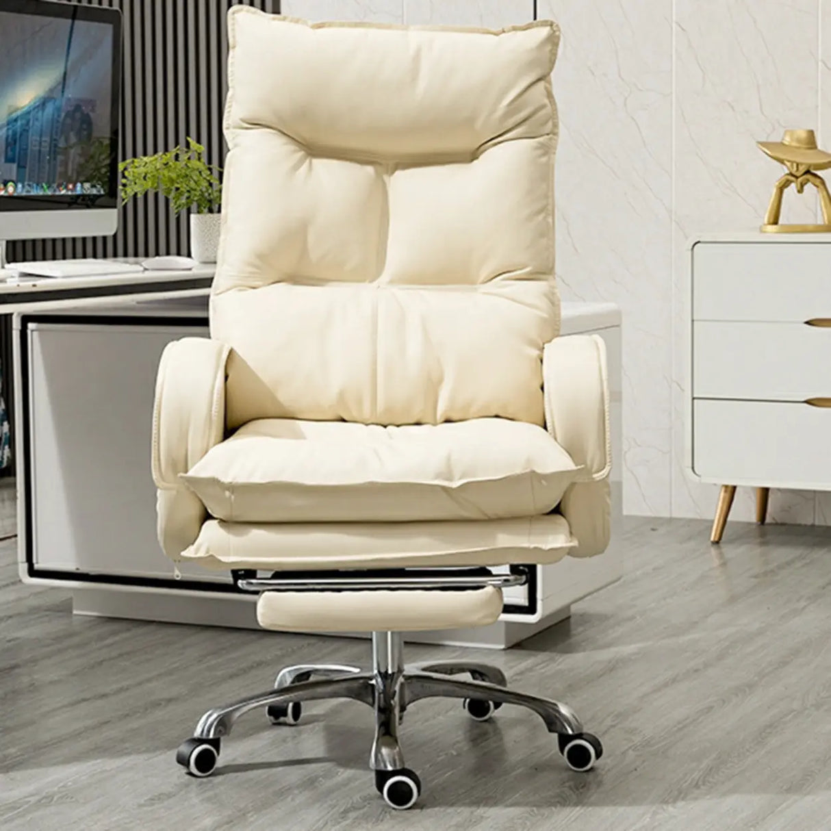 Off-White Large Adjustable Reclining Leather Office Chair Image - 7
