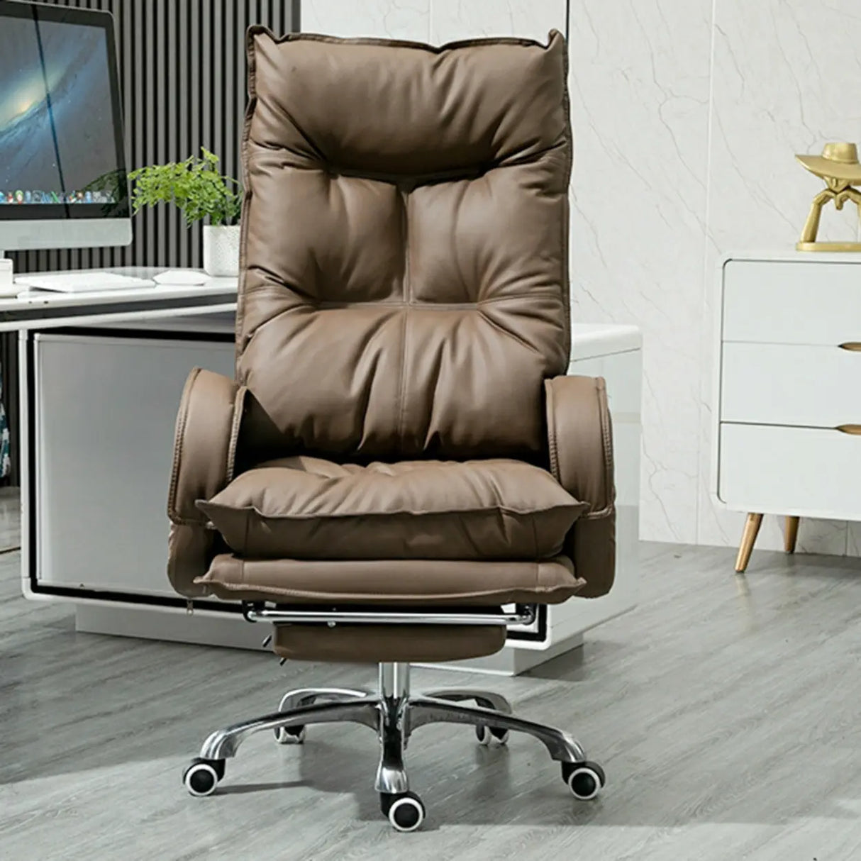 Off-White Large Adjustable Reclining Leather Office Chair Image - 9