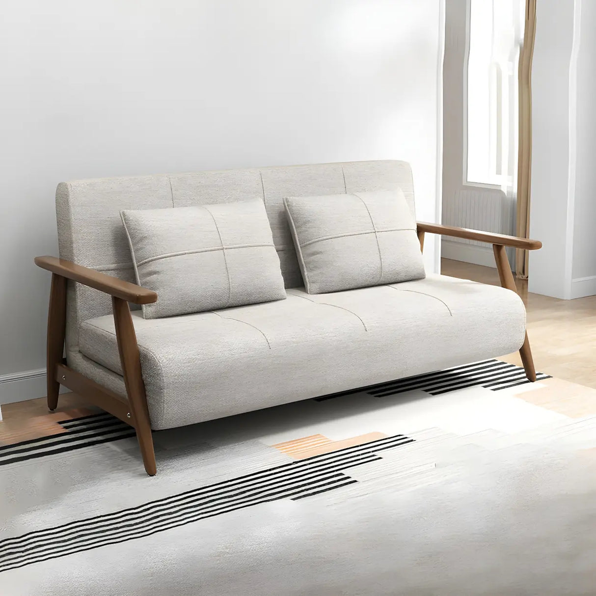 Off-White Linen Square Arm Tight Back Two-Seat Sofa Bed Image - 1