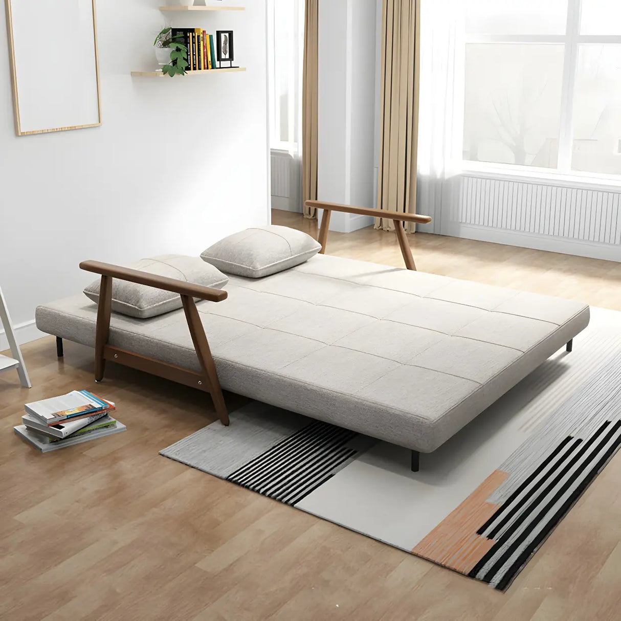 Off-White Linen Square Arm Tight Back Two-Seat Sofa Bed Image - 3