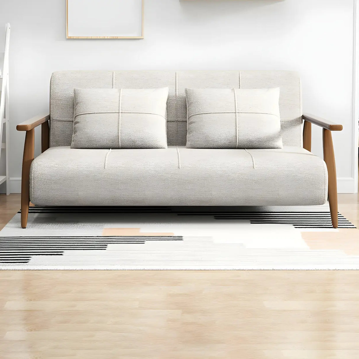 Off-White Linen Square Arm Tight Back Two-Seat Sofa Bed Image - 4