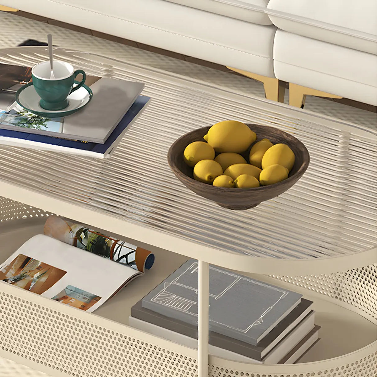 Off-White Reeded Glass Oval Storage Wheel Coffee Table Image - 10