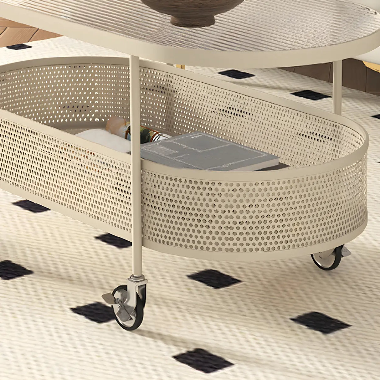 Off-White Reeded Glass Oval Storage Wheel Coffee Table Image - 12
