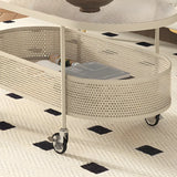 Off-White Reeded Glass Oval Storage Wheel Coffee Table Image - 12