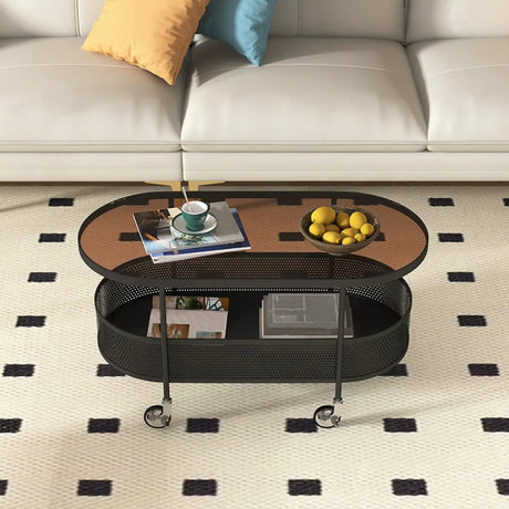 Off-White Reeded Glass Oval Storage Wheel Coffee Table Image - 2