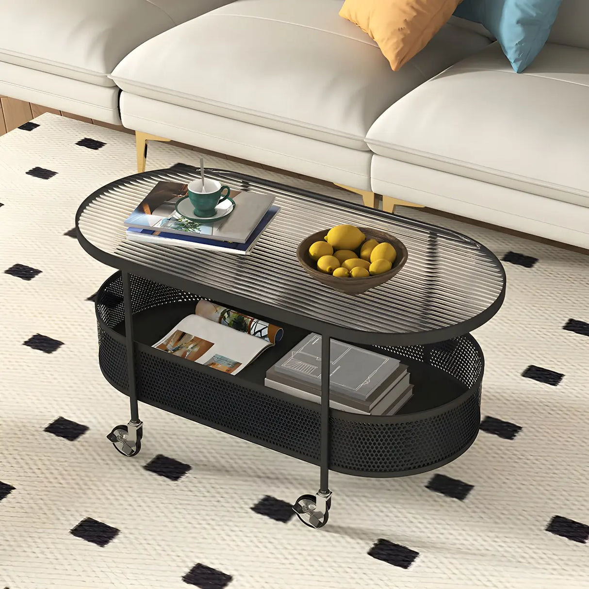 Off-White Reeded Glass Oval Storage Wheel Coffee Table Image - 3