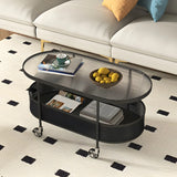 Off-White Reeded Glass Oval Storage Wheel Coffee Table Image - 3