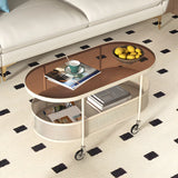 Off-White Reeded Glass Oval Storage Wheel Coffee Table Image - 4