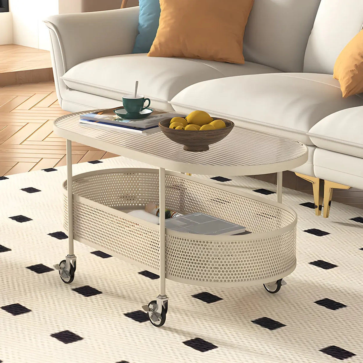 Off-White Reeded Glass Oval Storage Wheel Coffee Table Image - 6
