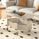 Off-White Reeded Glass Oval Storage Wheel Coffee Table Image - 6