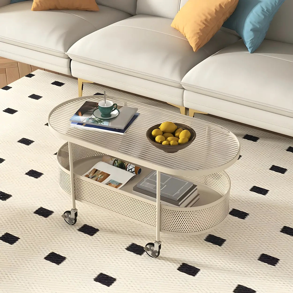Off-White Reeded Glass Oval Storage Wheel Coffee Table Image - 7