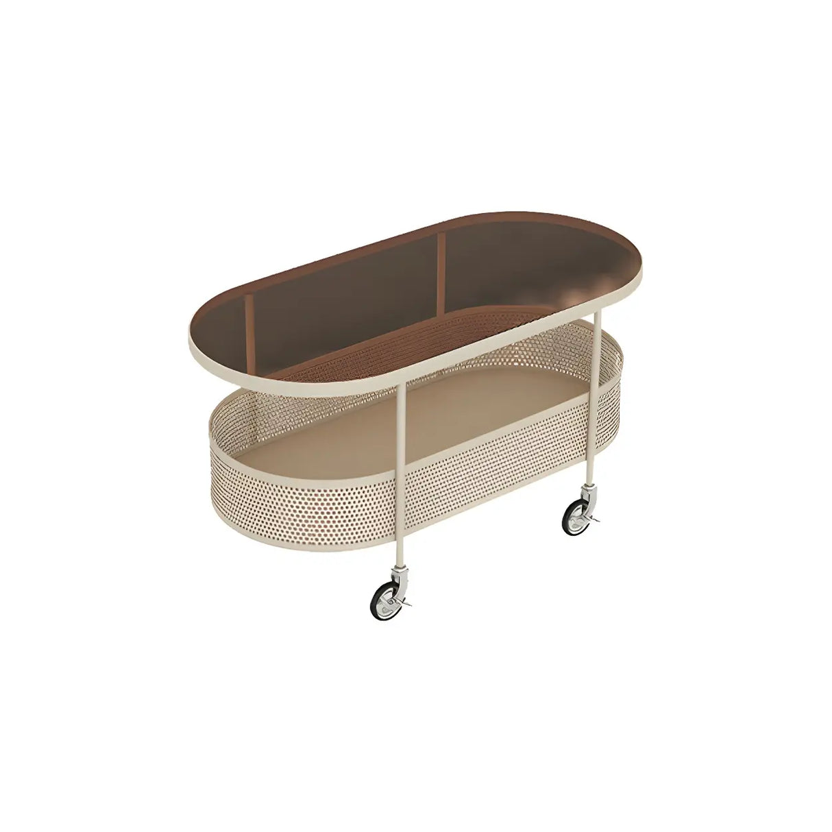 Off-White Reeded Glass Oval Storage Wheel Coffee Table Image - 9