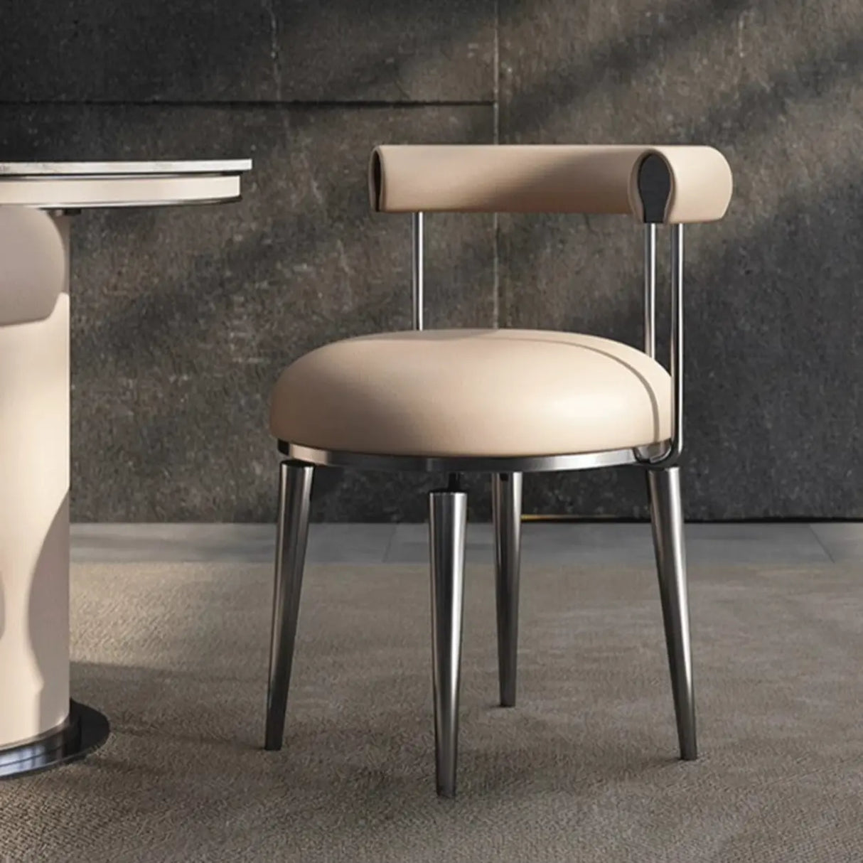 Off-White Round Leather Curved Back Metal Dining Chairs Image - 5