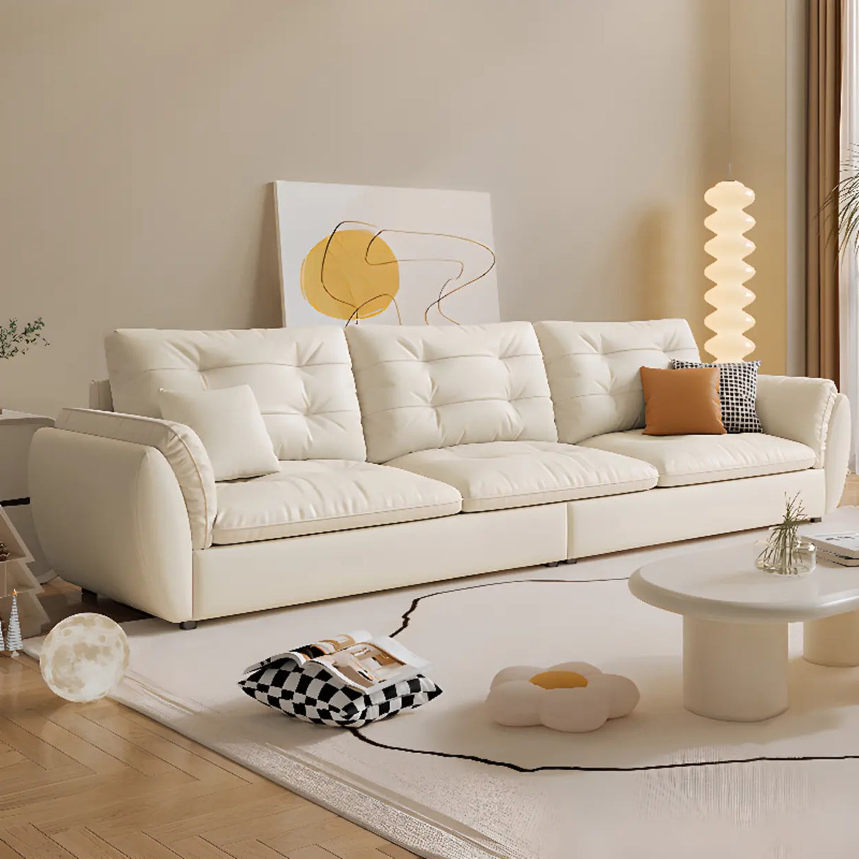 Off-White Scratch Resistant Leather Pillow Top Arm Sofa Image - 4