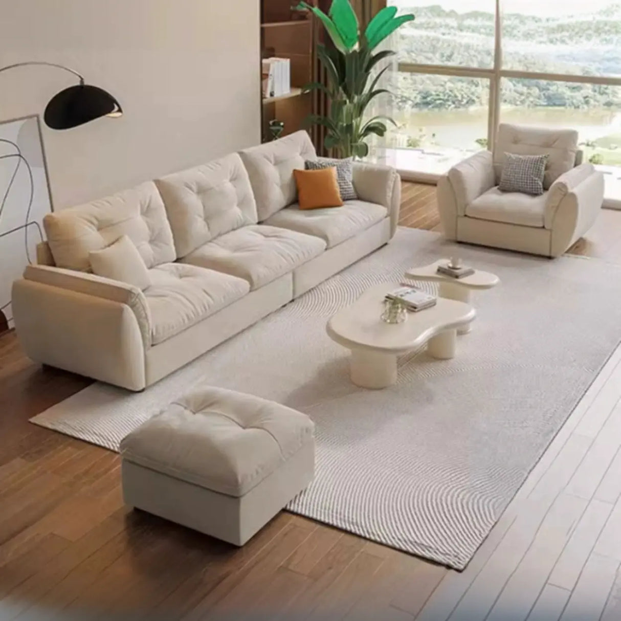 Off-White Scratch Resistant Leather Pillow Top Arm Sofa Image - 5