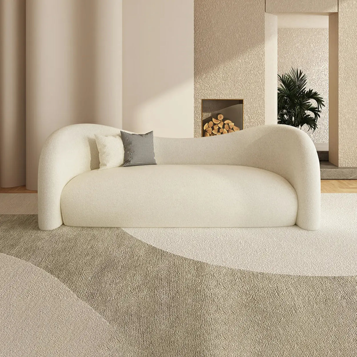 Off-White Sherpa Tight Back Foam Fill Curved Sofa Image - 2