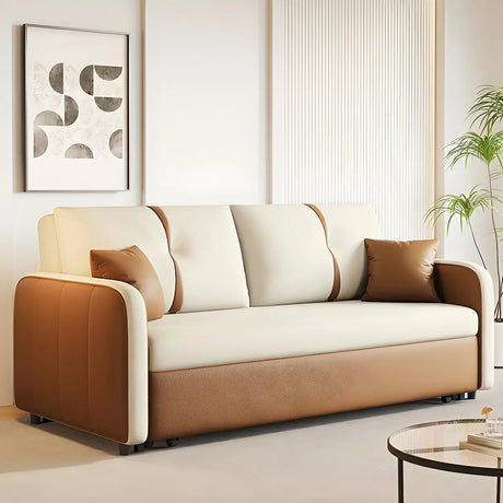 Off-White Square Arm Faux Leather Pillow Included Sofa Bed Image - 1