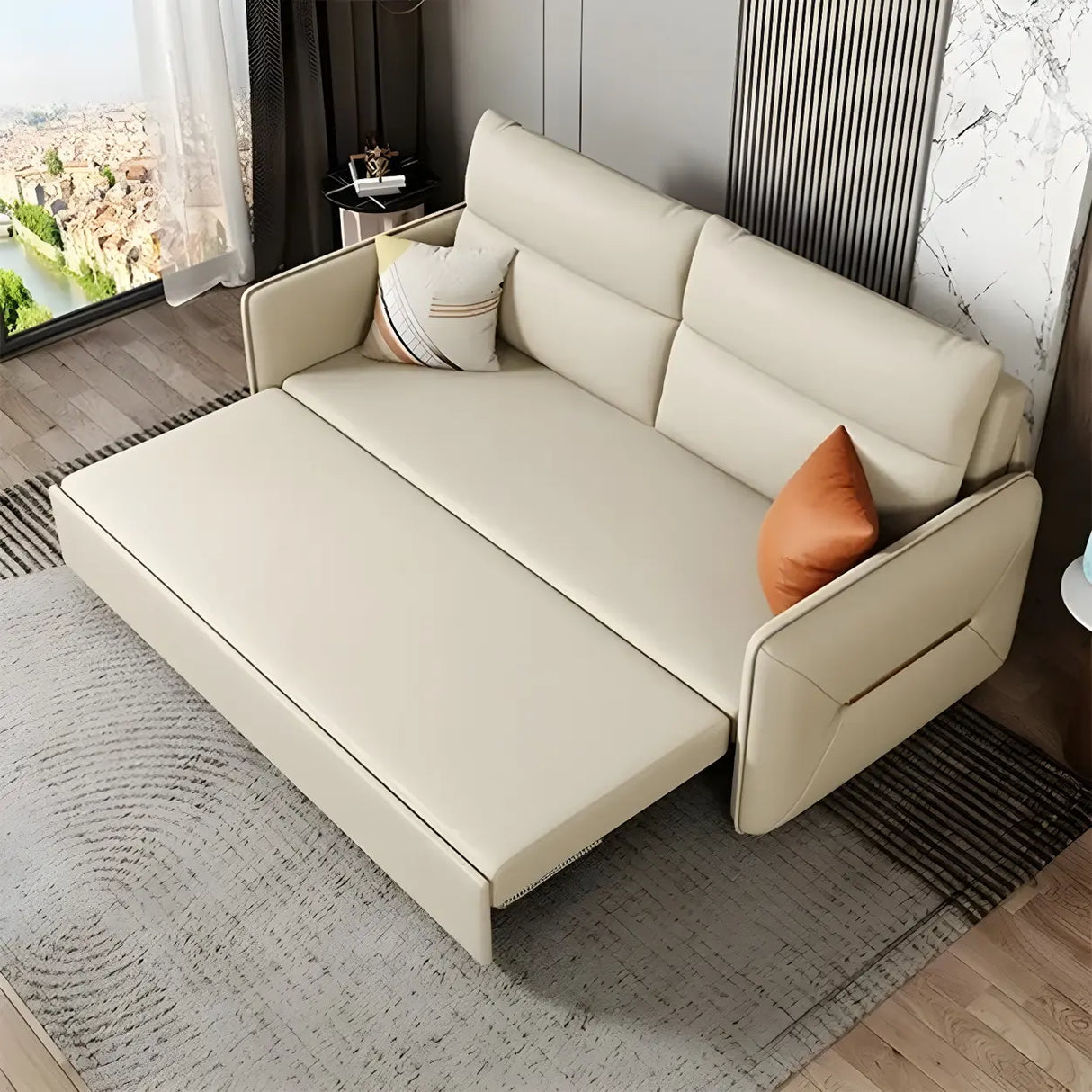 Off-White Stain Resistant Faux Leather Sleeper Sofa Image - 10