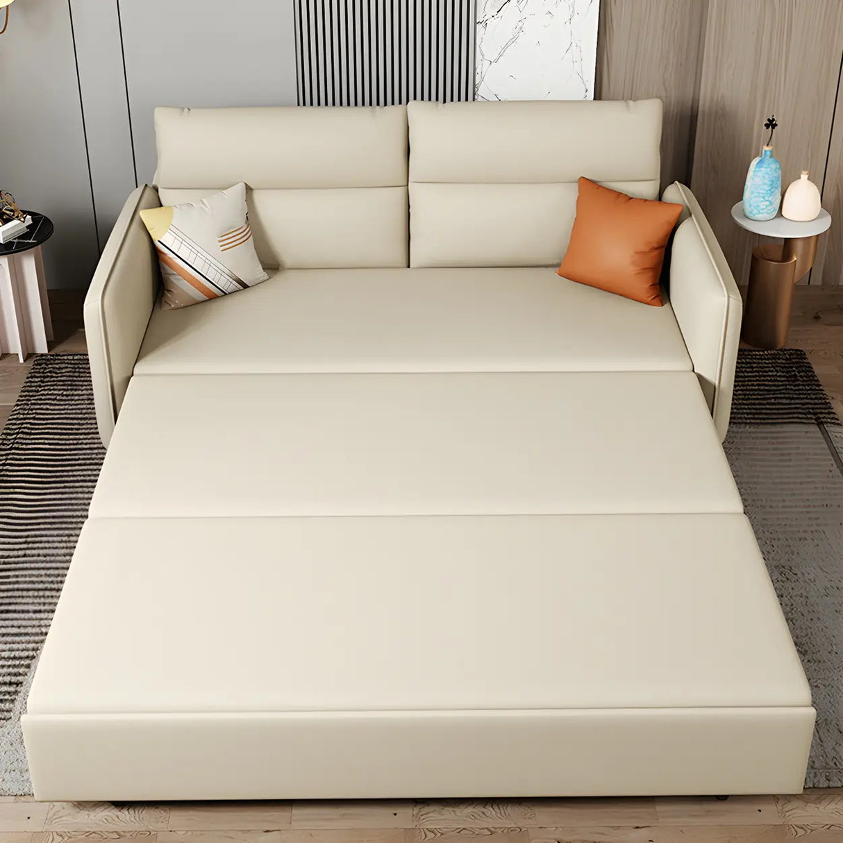 Off-White Stain Resistant Faux Leather Sleeper Sofa Image - 11