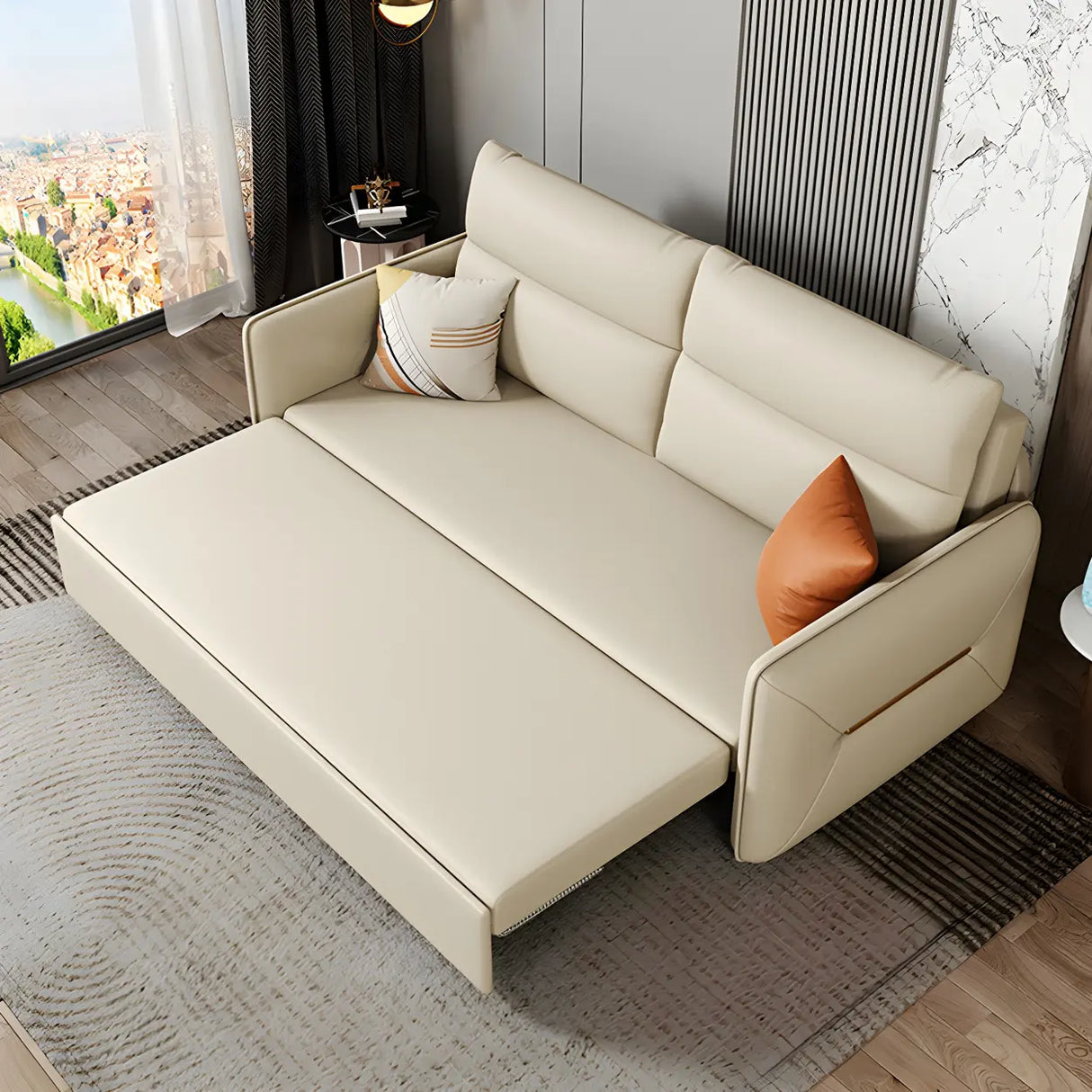 Off-White Stain Resistant Faux Leather Sleeper Sofa Image - 3