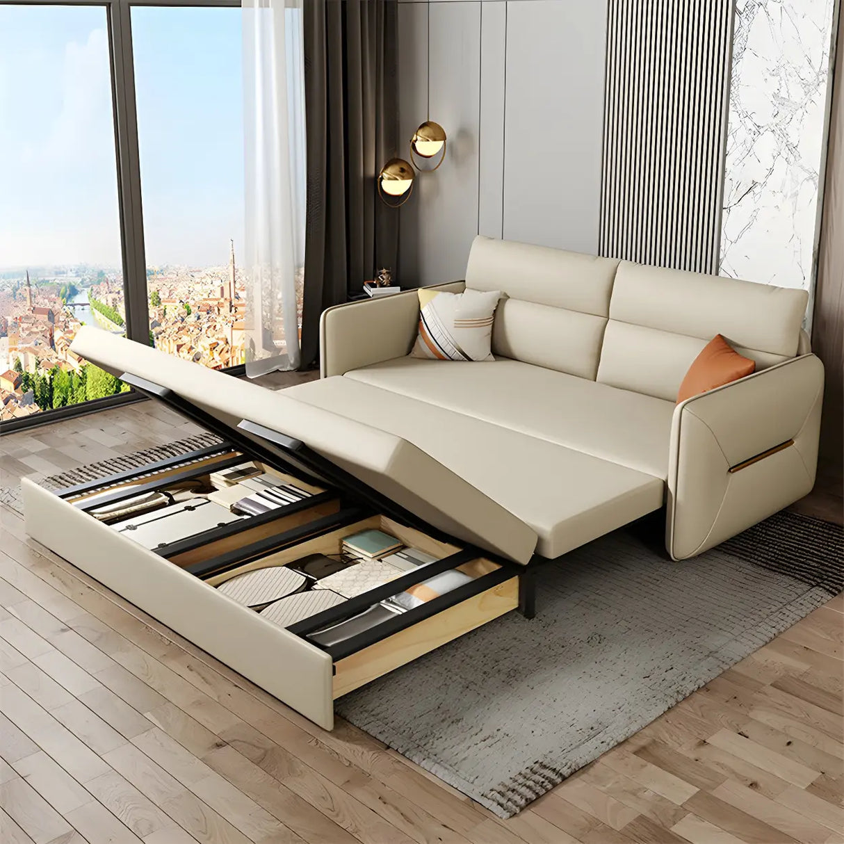 Off-White Stain Resistant Faux Leather Sleeper Sofa Image - 4