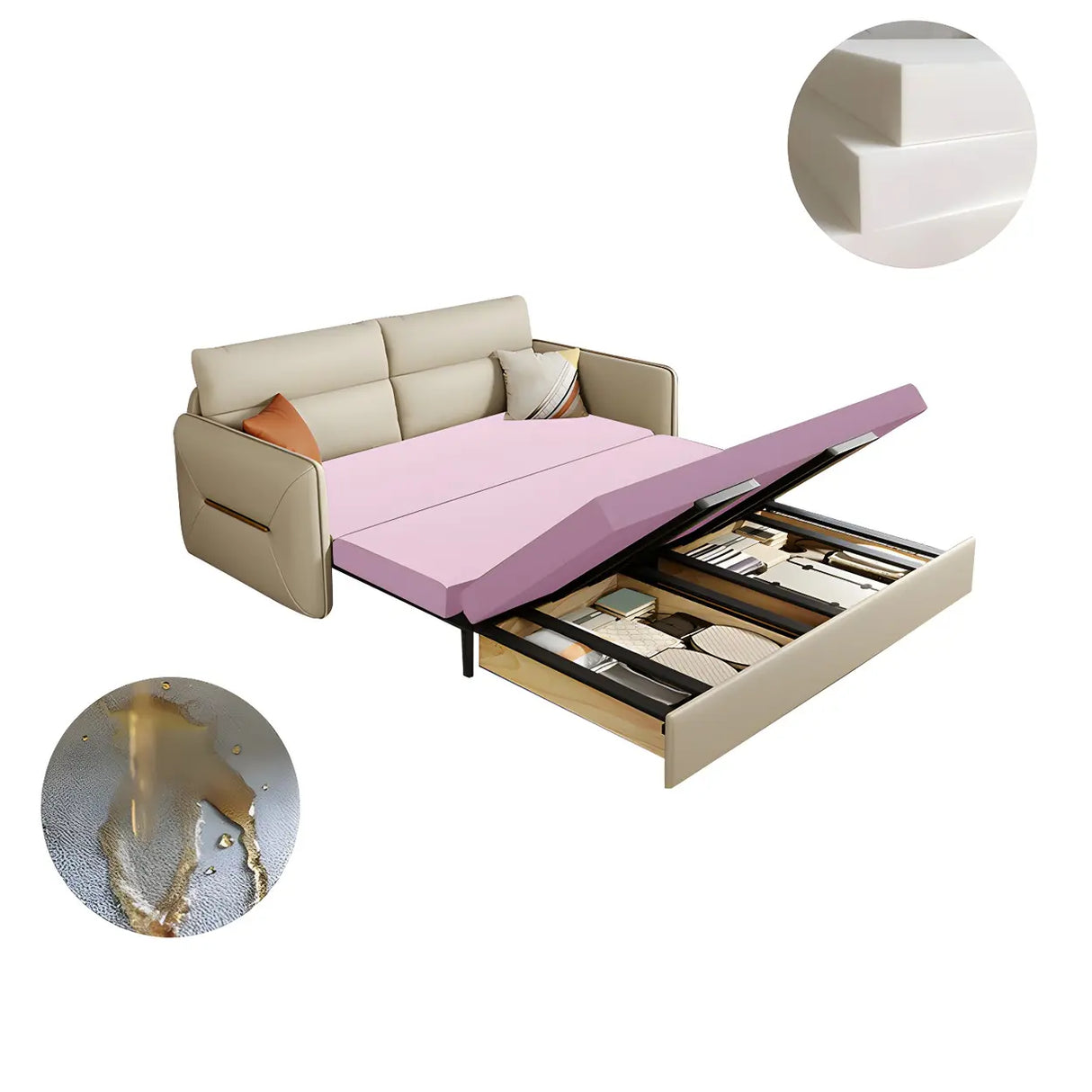 Off-White Stain Resistant Faux Leather Sleeper Sofa Image - 7
