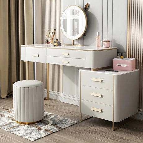 Off-White Stone Top Wood Makeup Vanity with Drawers Image - 1